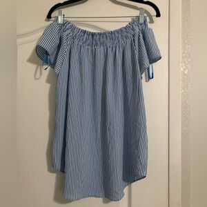 Michael Kors Blue and White Striped Off-Shoulder top